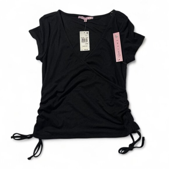 Crave Fame Ruched Knit V-Neck Wrap Top With Drawstrings In Black For Juniors' - Picture 2 of 9